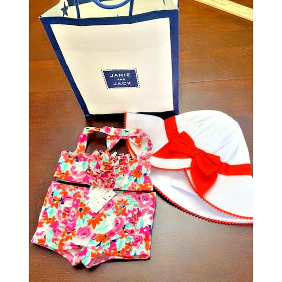 Janie And Jack Sz 6-12 mths Retro Inspire PINK ORANGE Swim Suit 2pc + HAT w/bow - Picture 1 of 15